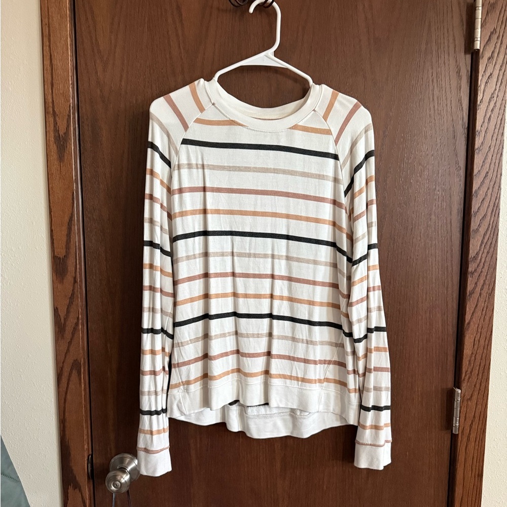 Thread & Supply Cream Striped Long Sleeve Sweatshirt with Black and Tan Stripes